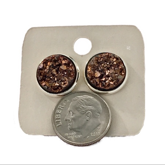 Bronze Druzy 12mm Round Silver Setting Earrings - Picture 2 of 4